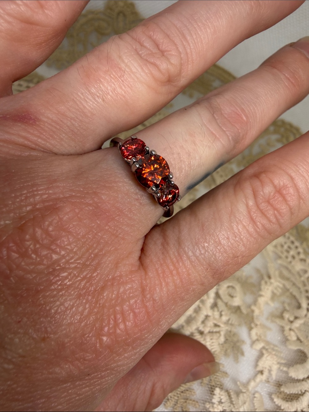 Red Moissanite 2 CTW Three Stone S925 Ring Sz 8 Dark Romantic GRA Certified